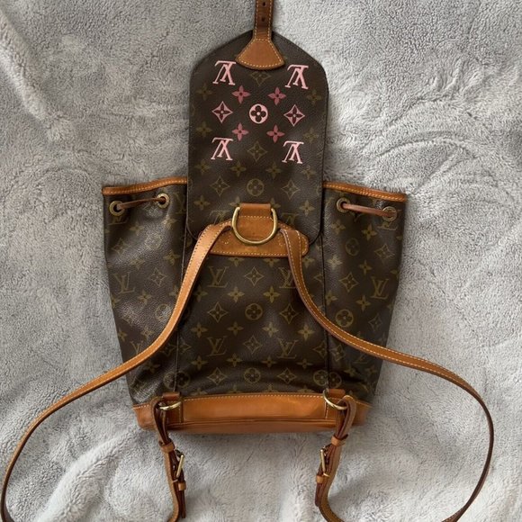 Auth Louis Vuitton LV Backpack Bag Montsouris MM Brown Monogram Pink Custom Logo - Picture 3 of 10